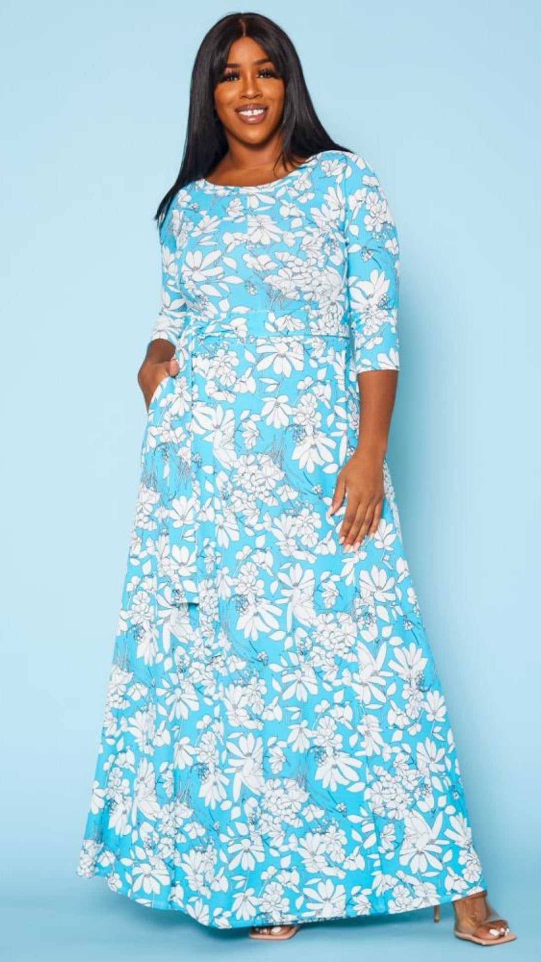 Plus Size Blue Floral Wrap Maxi Dress