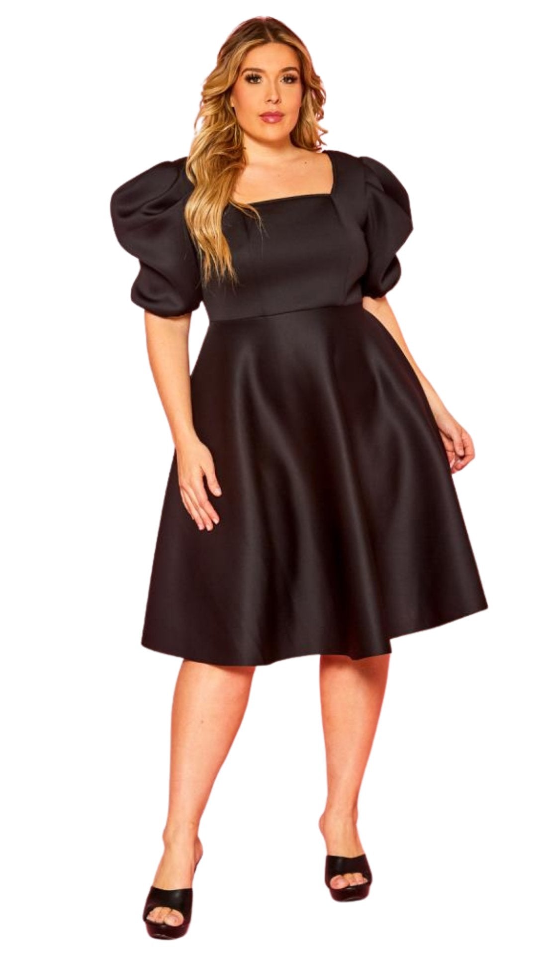 Plus Size Black Puff Sleeve Skater Dress