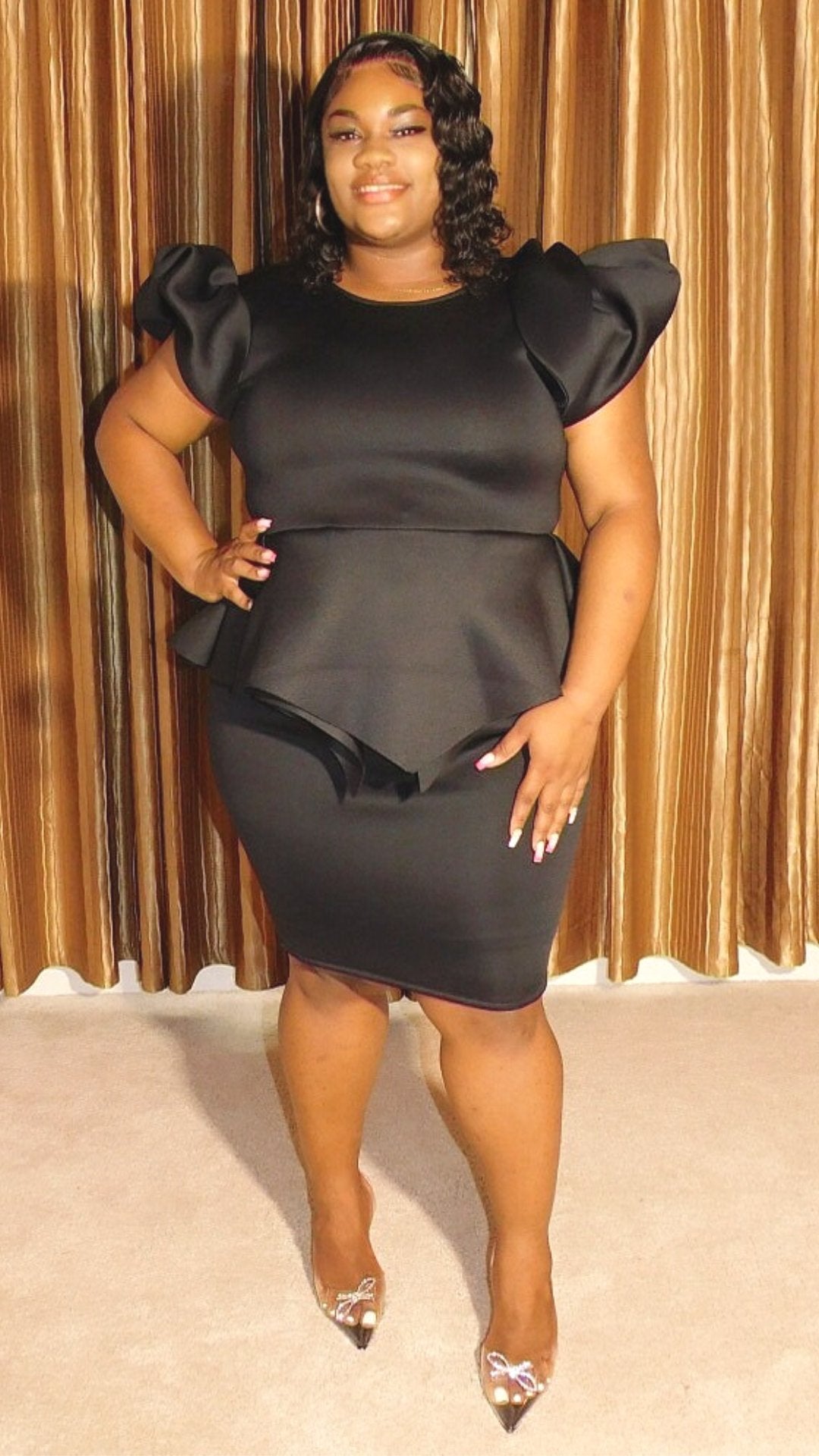 Plus Size Black Bow Sleeve Midi Dress