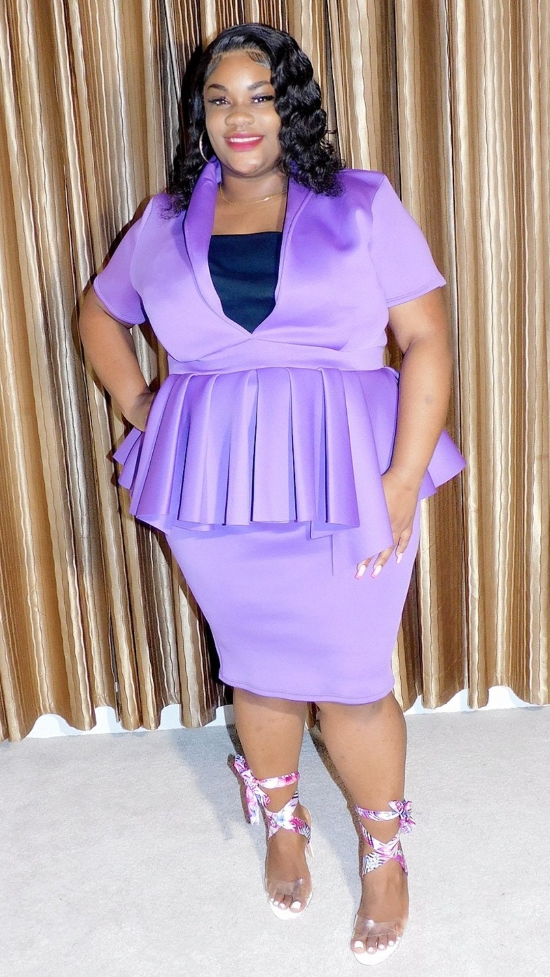 Plus Size Purple Pleated Peplum Midi Dress