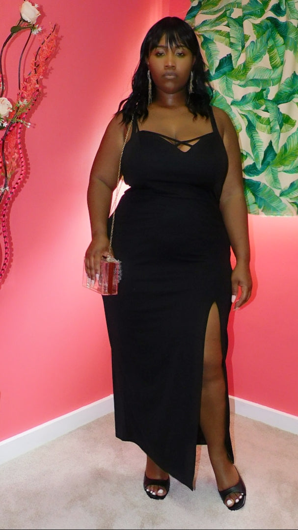 Plus Size Black High Slit Maxi Dress