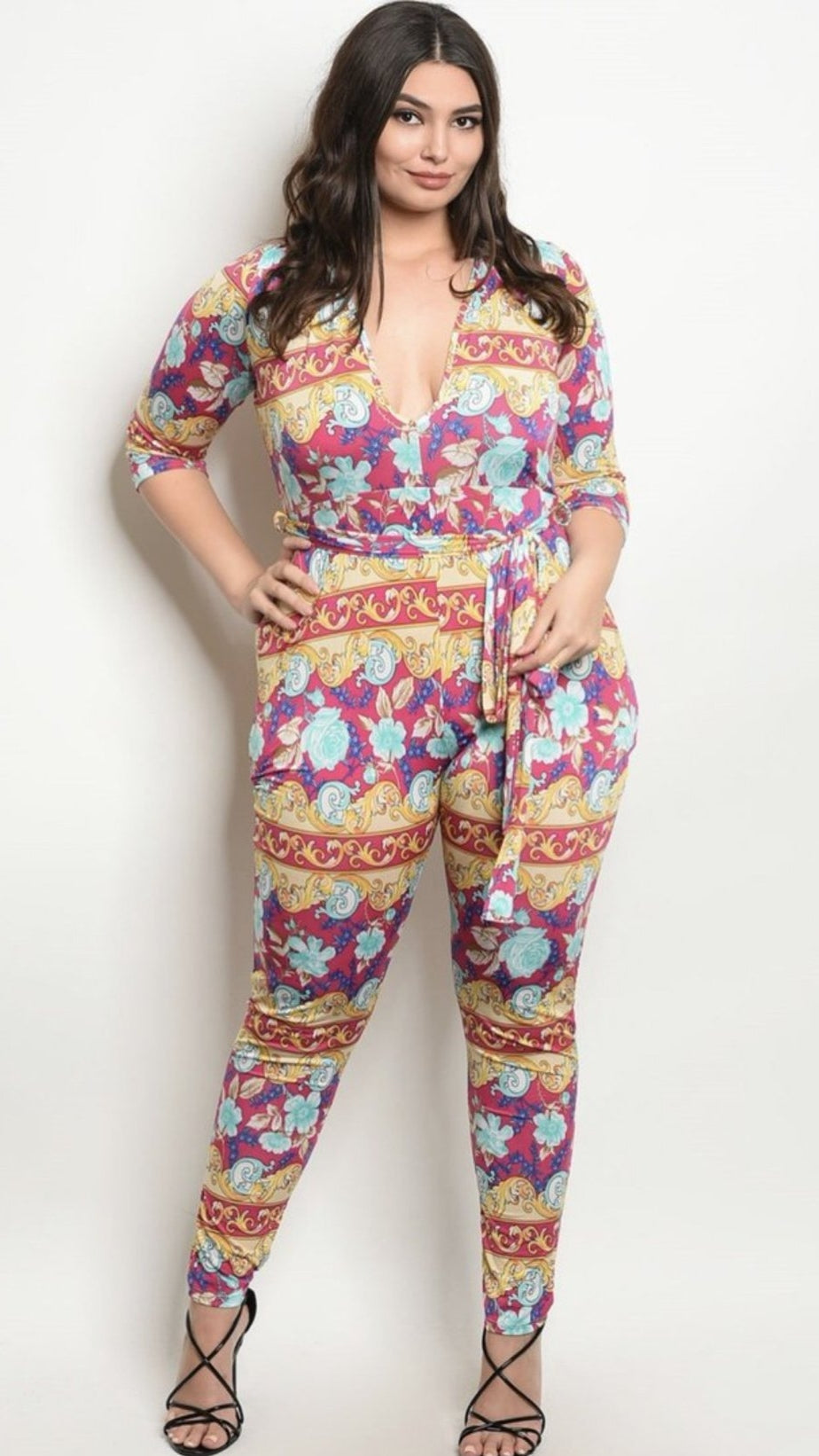 Mid-size Colorful Deep Plunge Belted Jumpsuit