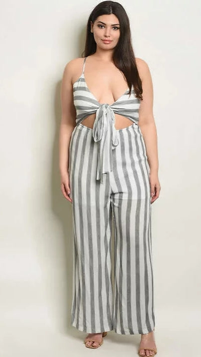 Mid-size Striped Gray and white Tie Front Jumpsuit