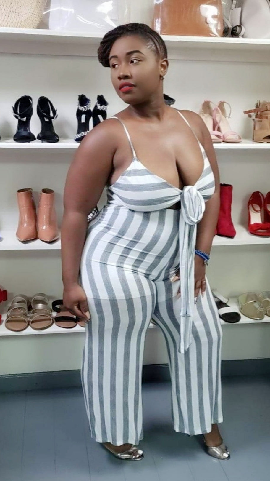 Mid-size Striped Gray and white Tie Front Jumpsuit