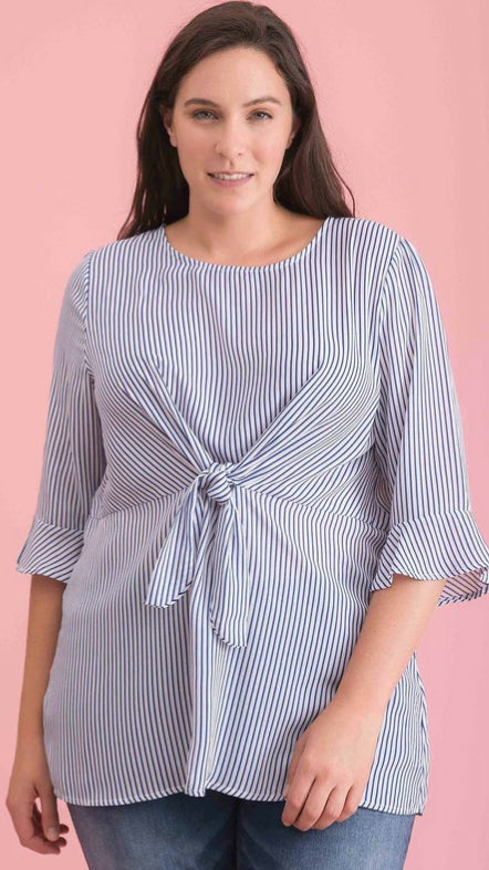 Plus Size Knot Front Blue Striped Top