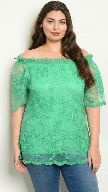 Mid-size Green Off Shoulder Lace Top