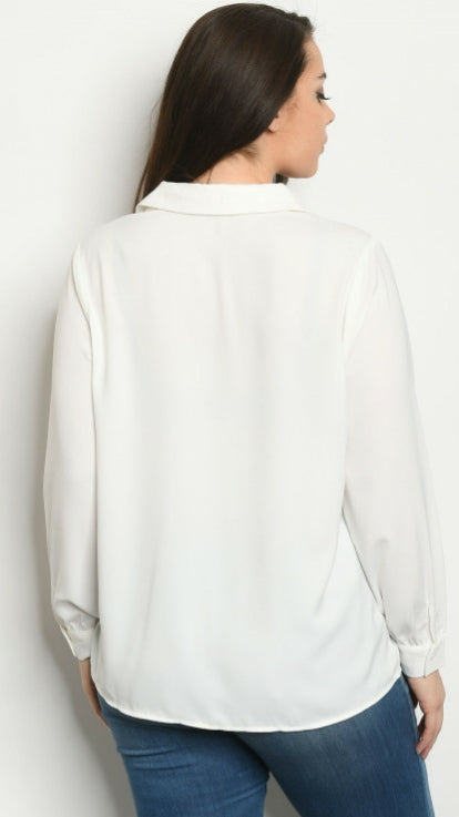 Mid-size White Long Sleeve Silky Office Top