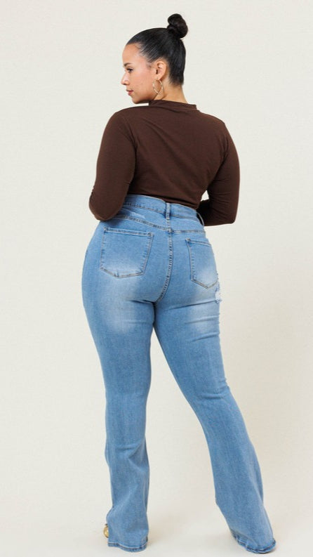 Plus Size Mid Rise Slim Distressed Boot Cut Jeans