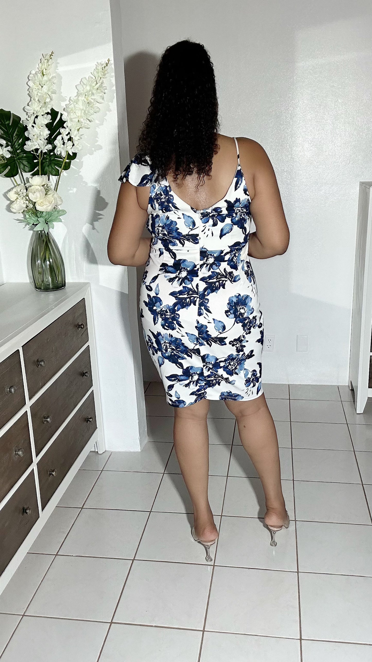 Mid-Size Blue Floral Ruffle Dress