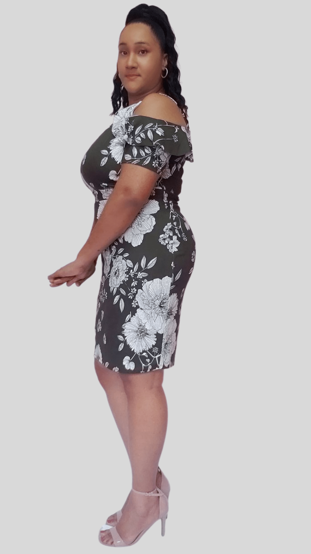 Mid-size Cold Shoulder Gray Floral Bodycon Dress