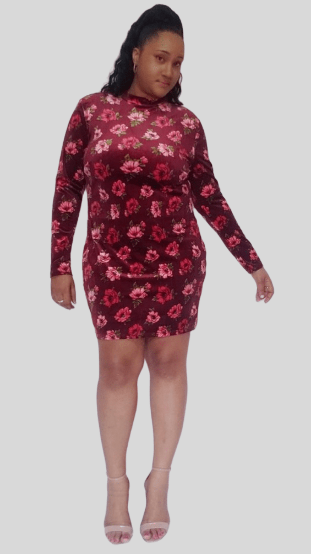 Mid-size Knit Berry Long Sleeve Velvet Dress
