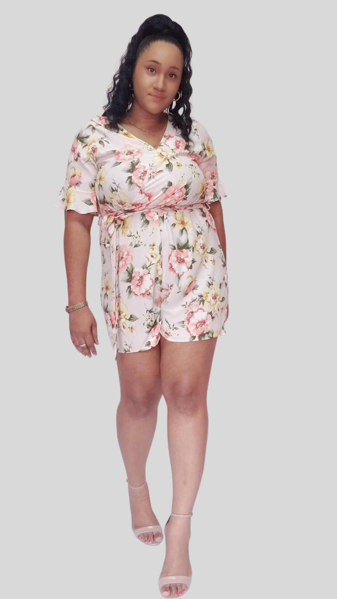 Mid-Size Floral Peach Belted Jumpsuit