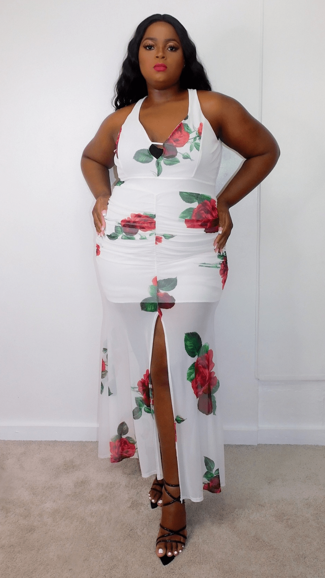 Plus Size Sheer Floral Rose Print Mesh Dress