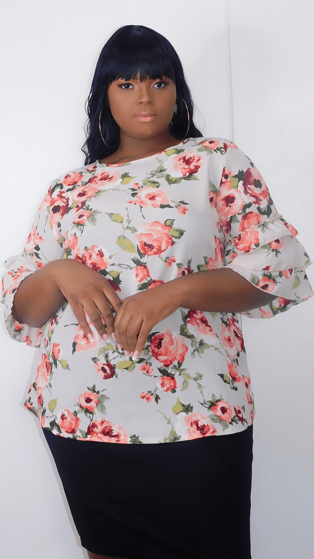 Plus Size Ivory Ruffle Floral Top